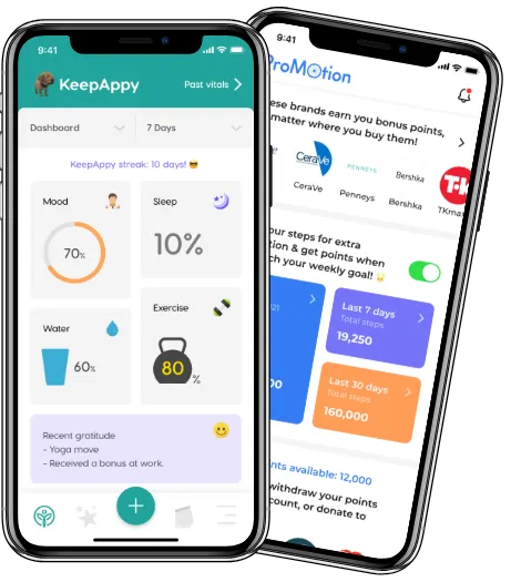 Phones displaying developed apps, KeepAppy satisfied client, child with a book, university students interacting, Happy clients, a female doing yoga